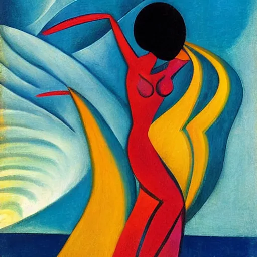 Image similar to woman woman dancing with a triquetta by the ocean while the waves crash on the seashore, high quality art in the style of cubism and geogia o keefe