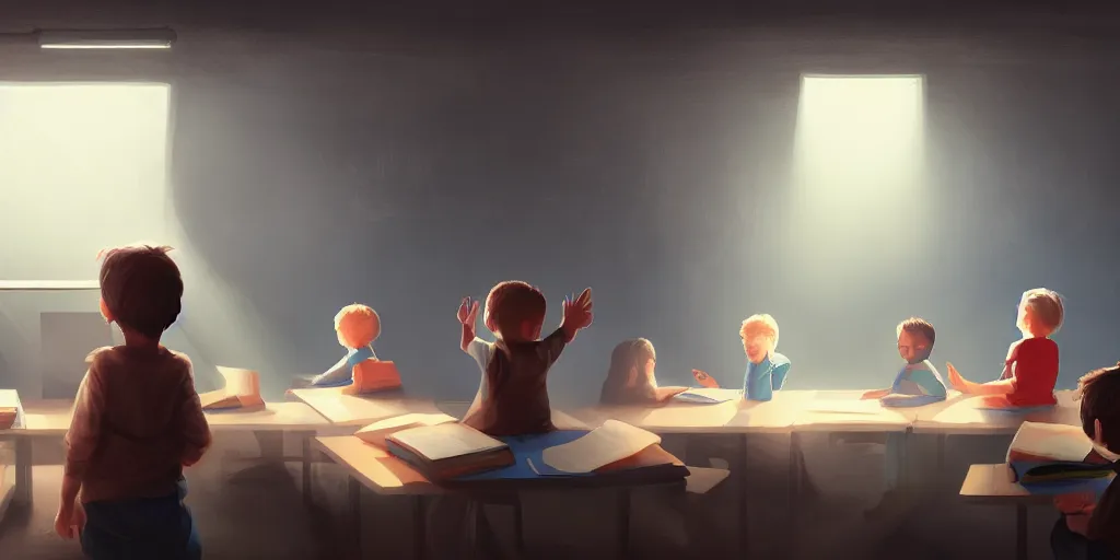 Prompt: highly motivated children in a classroom ( students are raising their hand ), detailed, rim light, exquisite lighting, clear focus, very coherent, motivation, teaching, detailed, impending fear, dystopian, sci - fi, dark, trending on artstation, digital art, fog, sun flare, rain