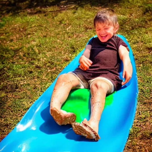 Prompt: kid sliding down chocolate pudding slip n slide head first, professional photo taken at the park