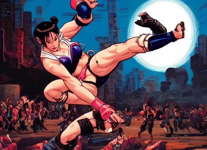 Prompt: Chun Li doing a perfect high kick. Epic painting by James Gurney and (Laurie Greasley). Beautiful lighting.