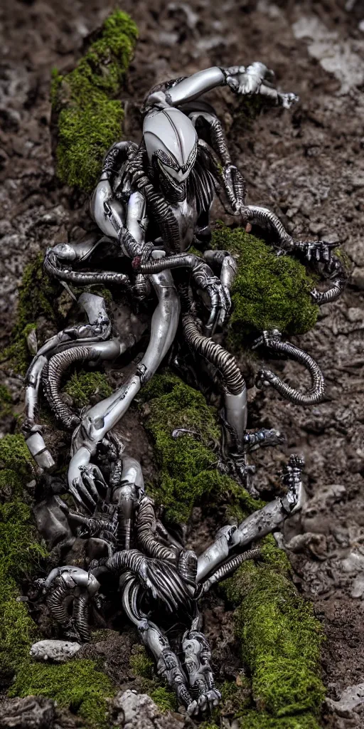 Prompt: bootleg figure of a plastic platinum xenomorph diorama crushed on the ground surrounded of dirt and moss secondhand, dramatic airbrush stormcloud, mcfarlane, figma, cursed photography, middle view