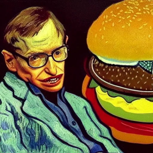 Prompt: portrait of stephen hawking with a giant hamburger. painting by vincent van gogh, oil on canvas