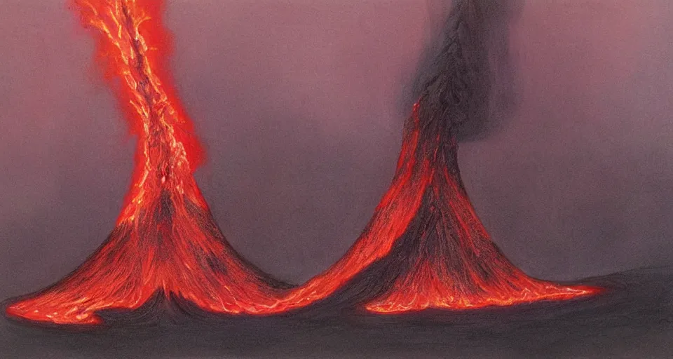 Image similar to a volcano made of ivory vines and crimson rocks enters in eruption, it spits a smoke in the shape of demonic eye, by john howe