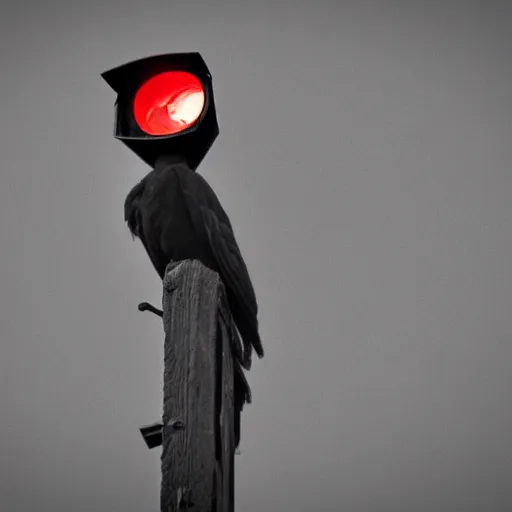 Prompt: ominous dark perched crow with glowing red surveillance camera lens for an eye (detailed realistic photograph) (gritty atmosphere)