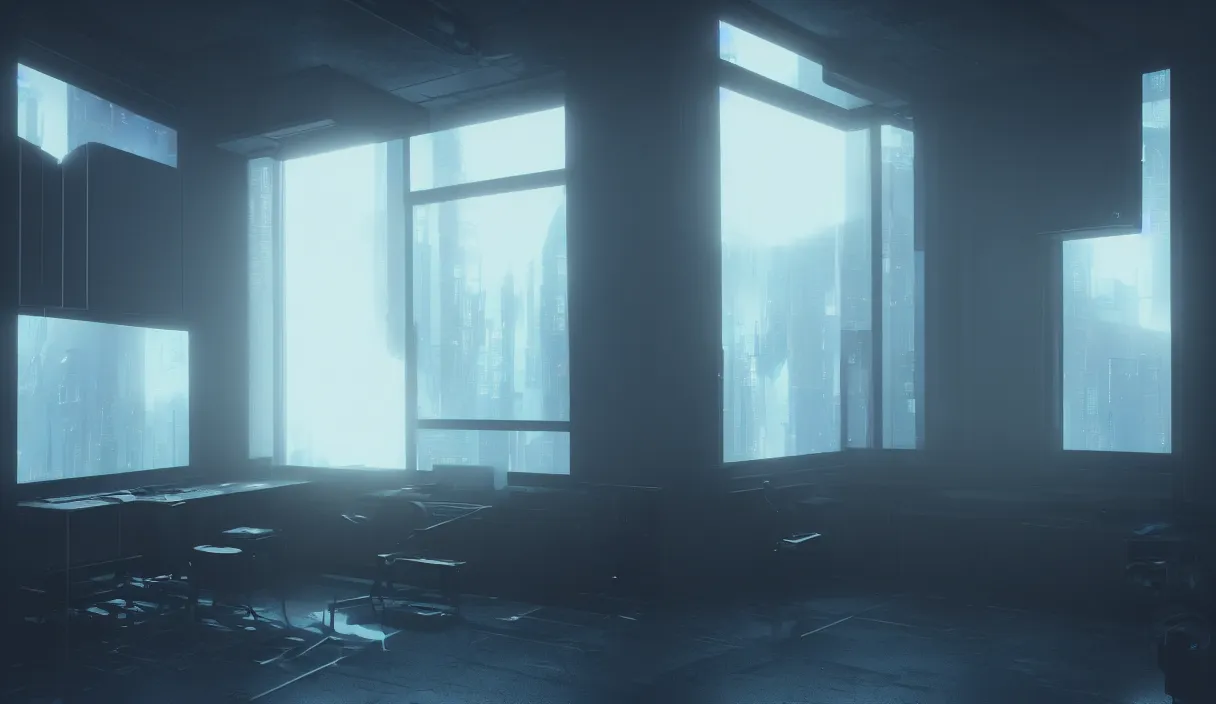 Prompt: a cyberpunk minimalistic room with small windows, dramatic lighting, hyper realistic, photography, 3 5 mm, kodak film, 8 k, octane render, unreal engine render, concept art, volumetric lighting, foggy