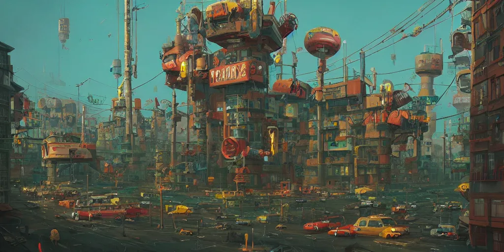 Image similar to a weird town city places with a giant weird animalsimon stalenhag, high detail, digital art, realistic, trending on artstation