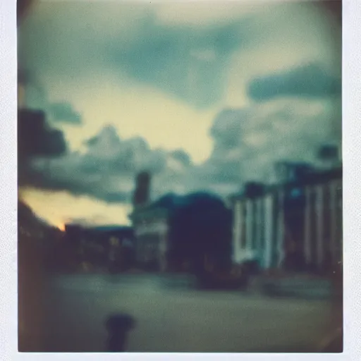 Image similar to instant photograph the night, polaroid, raw, beautiful, nostalgic, light leak, clouds, city