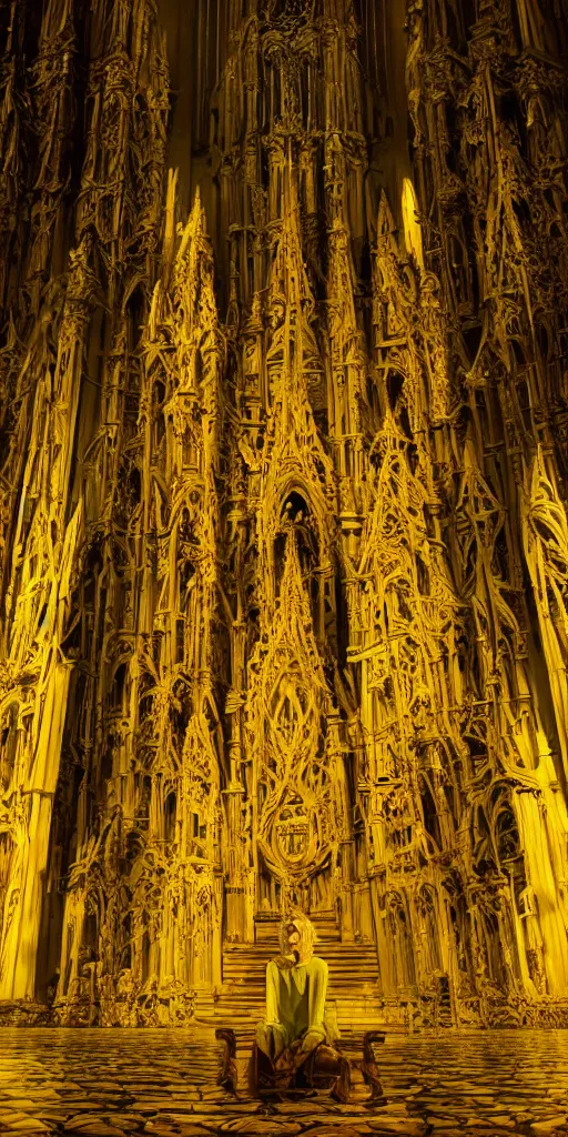 Image similar to a tall pale humanoid wearing a yellow garment sitting upon an ornate stone throne, 4K, digital art, horror, dramatic, wearing a long yellow rotting garment, dark, hyperrealistic, perspective, complex (((dark))) cathedral background with volumetric lights coming in through cathedral windows, dark background, highlights,