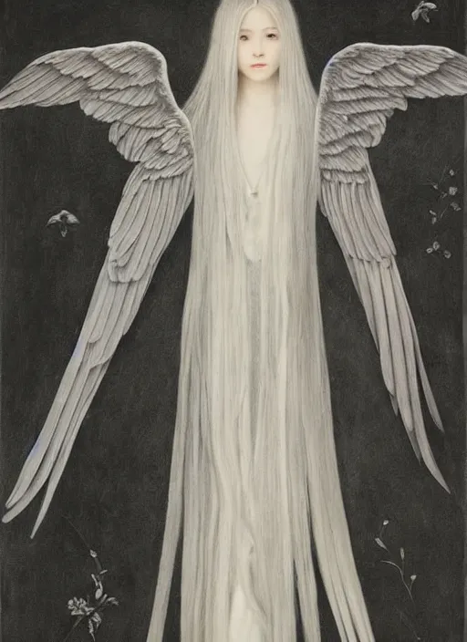 Prompt: thin young wan beautiful angel, silver hair so long, pale!, long silver hair, silver angel wings, smooth skin, wan adorable korean face, silver hair!!, style of fernand khnopff and lucien levy - dhurmer, oil on canvas, 1 8 6 2, 4 k resolution, aesthetic! beautiful!,