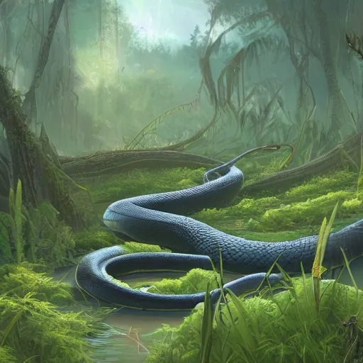 Image similar to a giant anaconda in a dense swamp landscape by ArtStationHQ