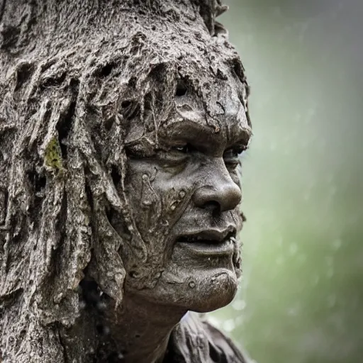 Prompt: The sculpture shows a man caught in a storm, buffeted by wind and rain. He clings to a tree for support, but the tree is bent nearly double by the force of the storm. The man's clothing is soaked through and his hair is plastered to his head. His face is contorted with fear and effort. motion blur by Michael Cheval, by Mikhail Nesterov, by Marina Abramović unnerving