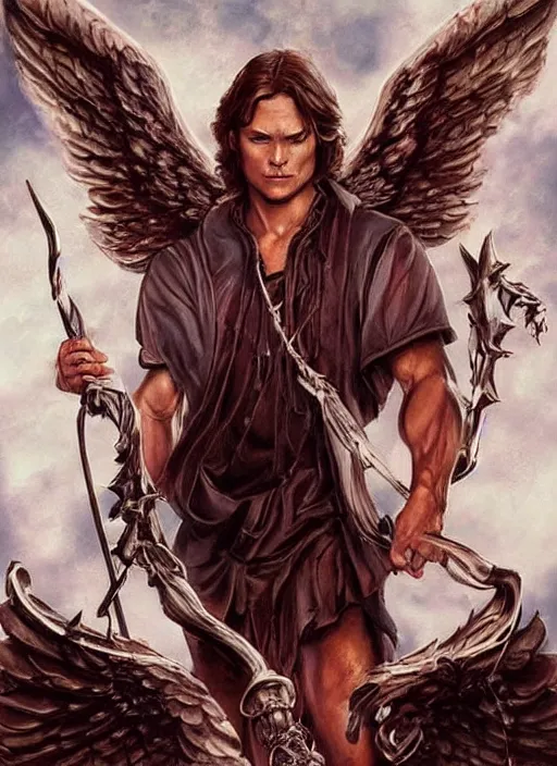 Image similar to beautiful! Sam Winchester as a muscular angel with a big cross pendant and religious and magic tattoos on chest and neck, big Angel wings wide open, stained and bleeding, D&D!, fantasy style, sharp focus!, ultra detailed, art by Artgerm and Peter Andrew Jones, WLUP