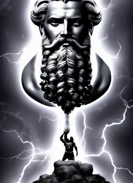 Image similar to zeus god of the sky holding the lightings + older man with a beard + father of all gods and humans + beautiful face and pretty face + intricate complexity, rule of thirds, style by artgerm, dramatic lighting