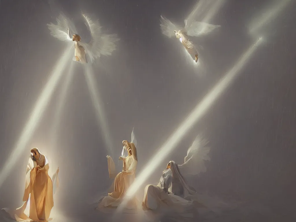 Image similar to the annunciation with mary on the left and archangel on the right, with a beam of light coming down from the top right towards mary on the left, by goro fujita, trending on artstation, 8k, highly detailed, digital graphic art