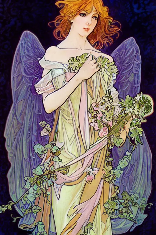 Image similar to Female angelic Fae in the style of Ayami Kojima and Alphonse Mucha