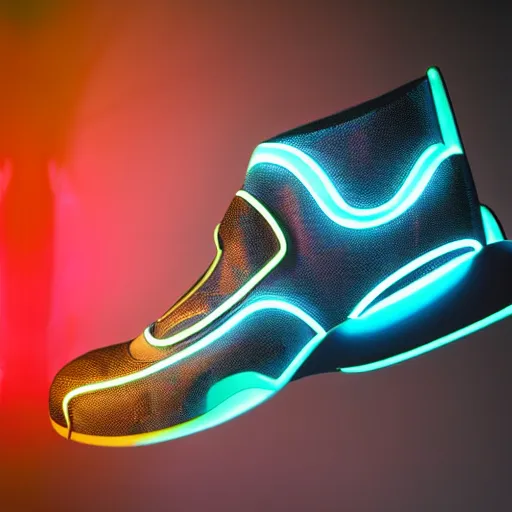 Image similar to a profesional studio advertising photograph of a pair of digital futuristic sneakers with neon lights and mayan aesthetic shot in a profesional photographic studio