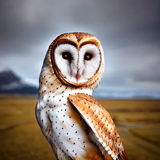 Image similar to symmetry!! portrait photograph shot on petzval lens of an extremely beautiful!!!! young blonde female with symmetric face. with a very detailed barn owl!!!!! on her shoulder. wearing mongolian traditional outfit in iceland. shallow depth of field. featured on flickr, art photography,