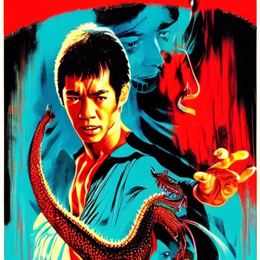 Prompt: Enter The Dragon movie poster by Bob Peak 4K