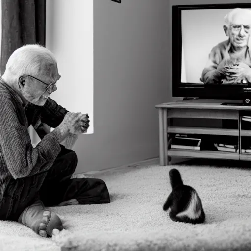 Image similar to an old man watching a show about kittens, photography, television, living room, elderly,