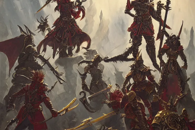 Prompt: dungeons and dragons fantasy painting, phalanx of ashigaru mice, anime inspired, heroic paladins white and gold, steampunk trim, brandishing naginata haldberds, red silk banners, golden armor like the champion, by brian froud, jessica rossier, and greg rutkowski