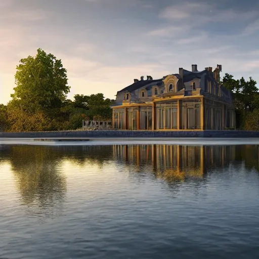 Image similar to a modern country house on the lake, golden hour, spotlight, backlight, sunlight, volumetric light, ray tracing reflections, insanely detailed and intricate, hypermaximalist, elegant, ornate, hyper realistic, super detailed