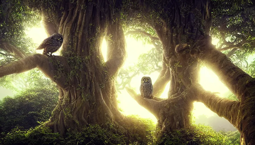 Image similar to very very small owl, sitting on a gigantic banyan tree in moonlit kerala by ilya kuvshinov, starry night, rtx rendering, octane render 1 2 8 k, maya, extreme high intricate details by tom bagshaw, medium shot, close up shot, composition by sana takeda, lighting by greg rutkowski