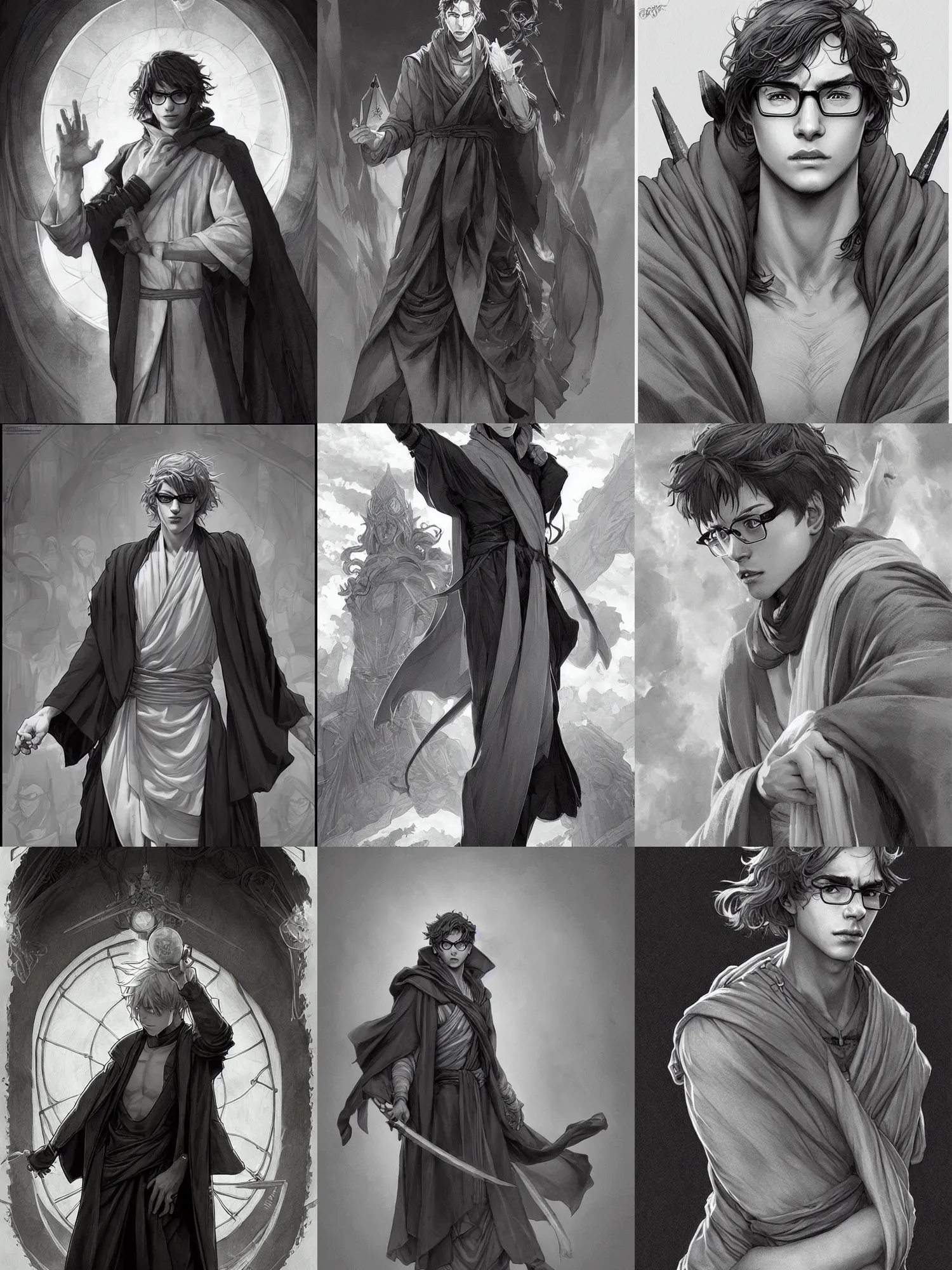 Prompt: picture of a male teenager sorcerer, skintight robes, glasses, frowner, dnd, highly detailed, detailed face, grayscale, manga illustration, black and white, by artgerm, greg rutkowski, alphonse mucha