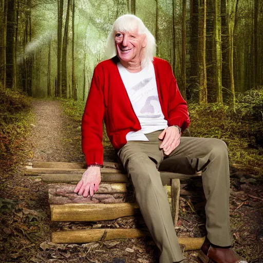 Image similar to full length beautiful jimmy savile, forest style studio shot, professional photographer, many details, super realistic, high quality, 8 k