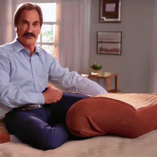 Prompt: mike lindell holding a body pillow. still from tv commercial