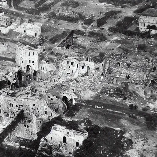 Image similar to an aerial photo of bombed italy, with bomb falling down, explosion, ruins, fire,