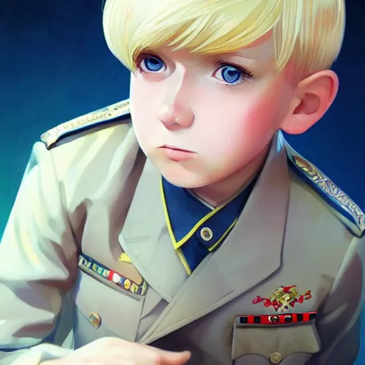 Image similar to portrait of blonde little boy wearing nazi uniform by ilya kuvshinov and anna dittmann and studio ghibli and wlop and rossdraws, digital art, trending on artstation, anime arts, featured on pixiv, red lighting, hd, 8 k, highly detailed, good lighting, beautiful, epic, masterpiece