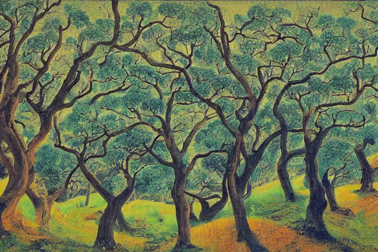 Image similar to masterpiece painting of oak trees on a hillside overlooking a creek, by leng mei lennie lee leo goetz leo leuppi leo lionni leo michelson leo valledor leo and diane dillon leon chwistek leon golub leon kaplinski leon kossoff leon kroll leon polk smith leon wyczołkowski leona wood