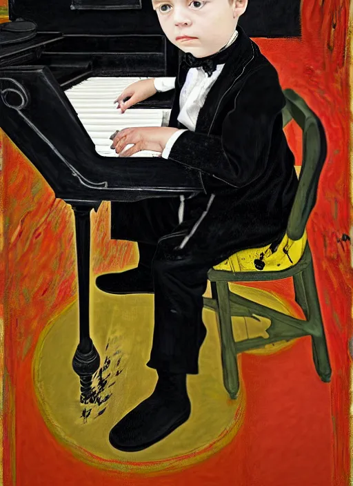 Image similar to portrait of a child piano player in tuxedo painted by vincent lefevre and hernan bas and pablo amaringo and pat steir and hilma af klint, psychological, photorealistic, dripping paint, washy brush, rendered in octane, altermodern, masterpiece