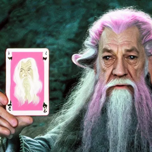 Image similar to portrait of gandalf, wearing a large pink hairclip, holding a blank playing card up to the camera, movie still from the lord of the rings