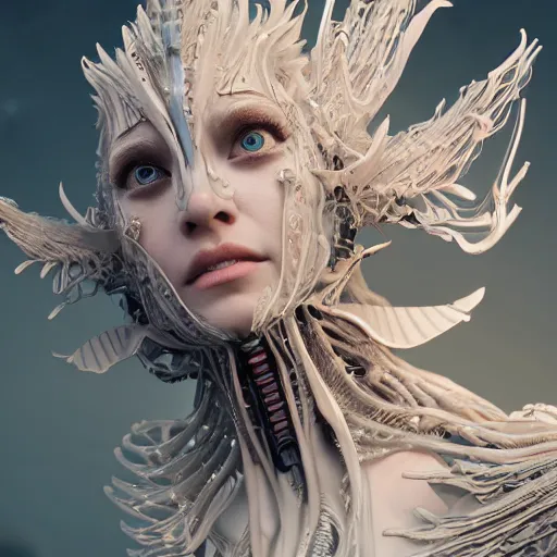 Prompt: beautiful wraithen biomechanical incredible technological hair, masterpiece crystalline incrustations, hyper - detailed face, elegant pose, movie still, intricate, octane render, cinematic lighting, cgsociety, unreal engine,