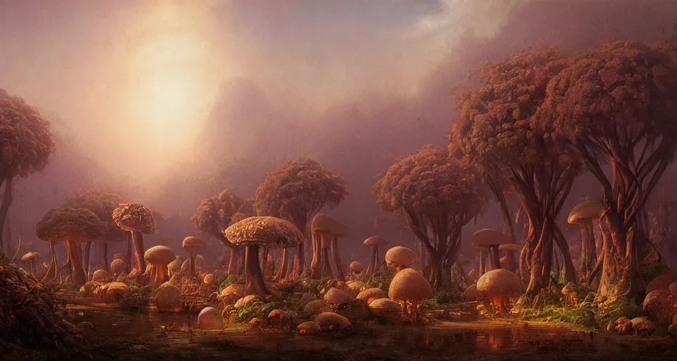 Prompt: A tribal village in a forest of giant mushrooms, by Ivan Aïvazovski,