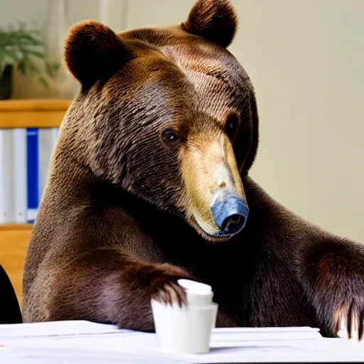 Image similar to tired bear at office, head leaning on paw with elbow on table, piles of paperwork