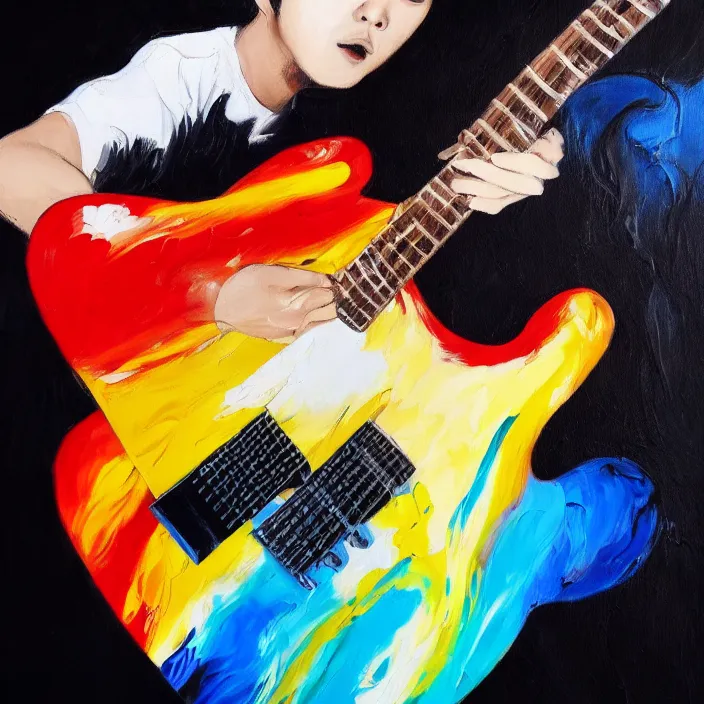 Prompt: abstract large swirly brush strokes painting of a young korean man wearing black v neck t shirt holding a telecaster!!! electric guitar!!, candid!! dark background, huge thick flowing dramatic brush strokes, matte colors, abstract, emotional masterpiece, impressionist, motion, trending on artstation