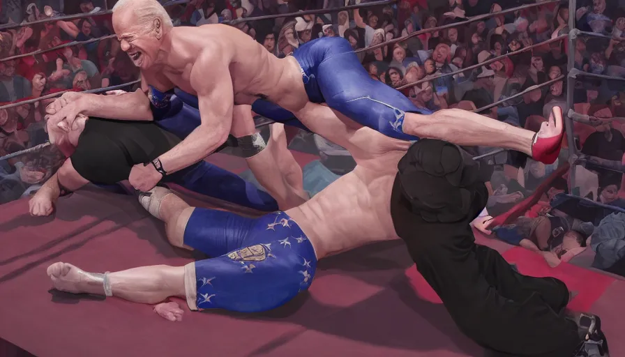 Prompt: Joe Biden wrestling at WWE, hyperdetailed, artstation, cgsociety, 8k