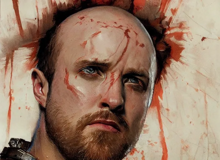 Image similar to a highly detailed beautiful portrait of jesse pinkman as kratos, by gregory manchess, james gurney, james jean