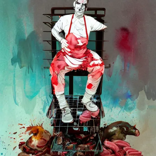 Prompt: a full body illustration of a butcher, tired face, sitting on a milk crate, white apron bloodstained, watercolor painting, full body portrait, vibrant colors, painted by android jones and greg rutkowski and greg tocchini and james gilleard