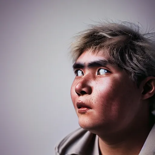 Prompt: portrait of down syndrome xqc, taken by steve mccurry, sharp focus, 4 k editorial photograph, soft lighting, black background