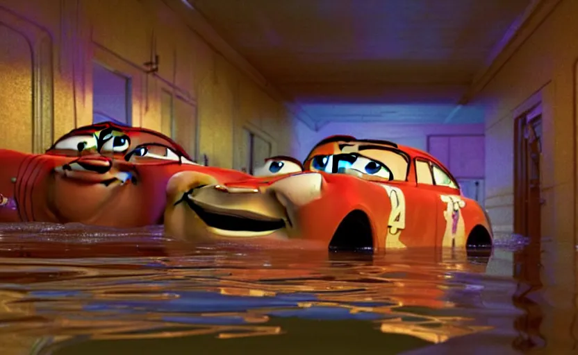 Image similar to mater from cars in a flooded fractal hallway, romance novel cover, in 1 9 9 5, y 2 k cybercore cutecore, low - light photography, still from a pixar movie