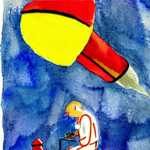 Image similar to a doctor performing surgery on a rocket, watercolor by eric carle, traced by pencil, high detail, peaceful mood