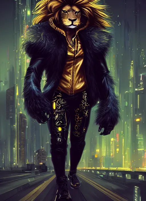 Image similar to award winning beautiful portrait commission of a male furry anthro lion fursona with a tail and a cute beautiful attractive detailed furry face wearing stylish black and gold cyberpunk clothes in a cyberpunk city at night while it rains. Character design by charlie bowater, ross tran, artgerm, and makoto shinkai, detailed, inked, western comic book art