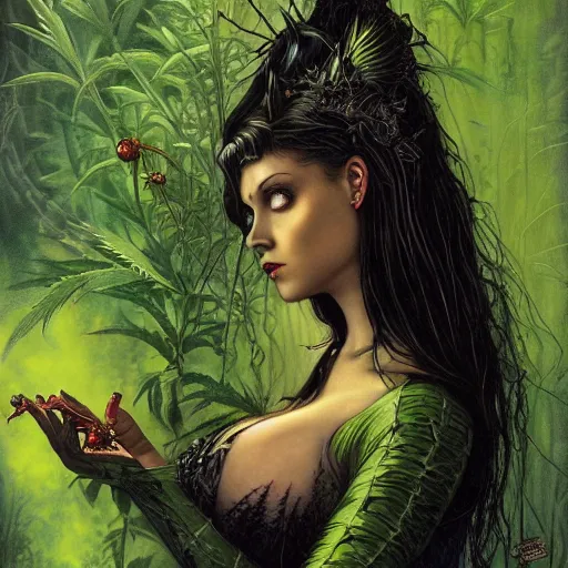 Prompt: the dark princess of cannabis, fantasy painting, very sexy, very young, green dress, fully clothed, wearing dark clothes, multicolored hair, smoking a huge joint, lots of tattoos, realistic but painterly, in the style of michael whelan, lois royo, gerald brom