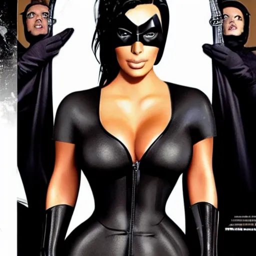 Prompt: kim kardashian as batman, body tight outfit, movie poster