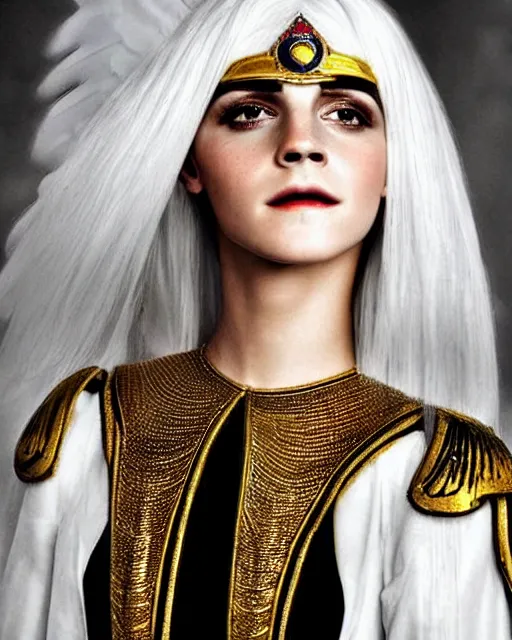 Image similar to perfect white haired egyptian queen emma watson wearing white dove wings warframe armor _ regal _ attractive ornate sultry beautiful dreamy