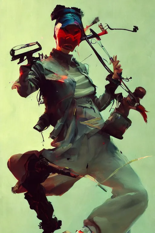 Prompt: beautiful fantasy painting of lofi hiphop assassin in battle, by Sergey Kolesov, Martine Johanna, Jake Parker. Trending on Artstation, 8k, masterpiece, graffiti paint, dishonored, fine detail, full of color, intricate detail