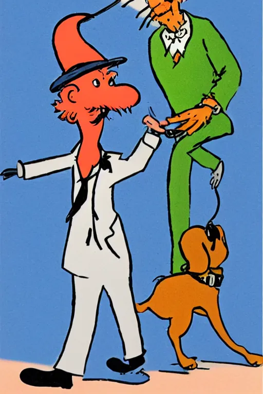 Image similar to a man walking his dog by dr. seuss